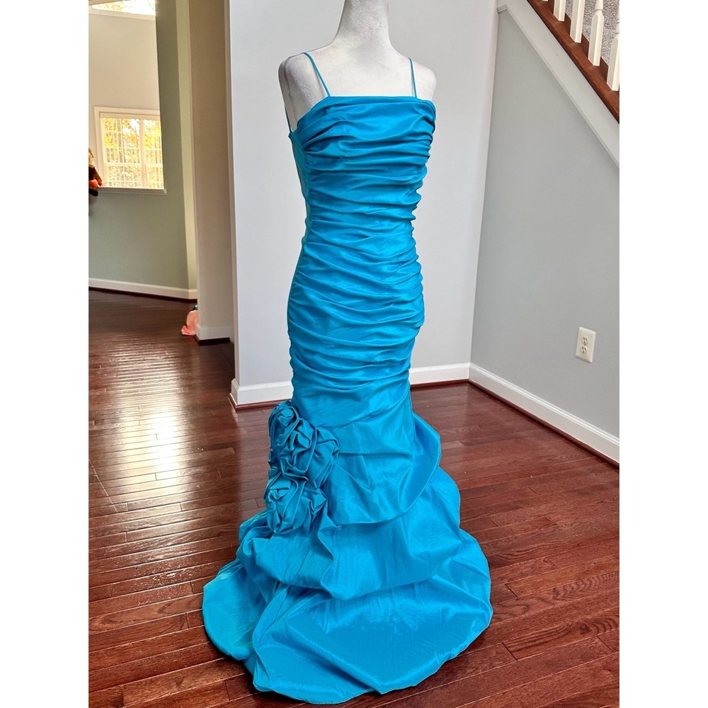 Vintage Let's Fashion Blue Layered Rouched Mermaid Gown Formal Dress Size XS - Picture 8 of 11
